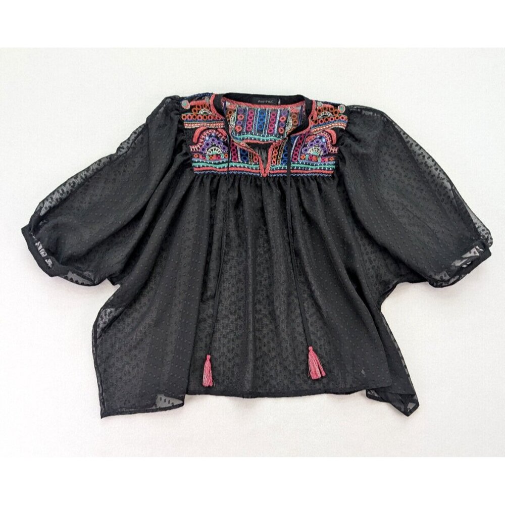 Mantra Women's Top Size S Black Sheer Embroidered Bohemian Boho Peasant